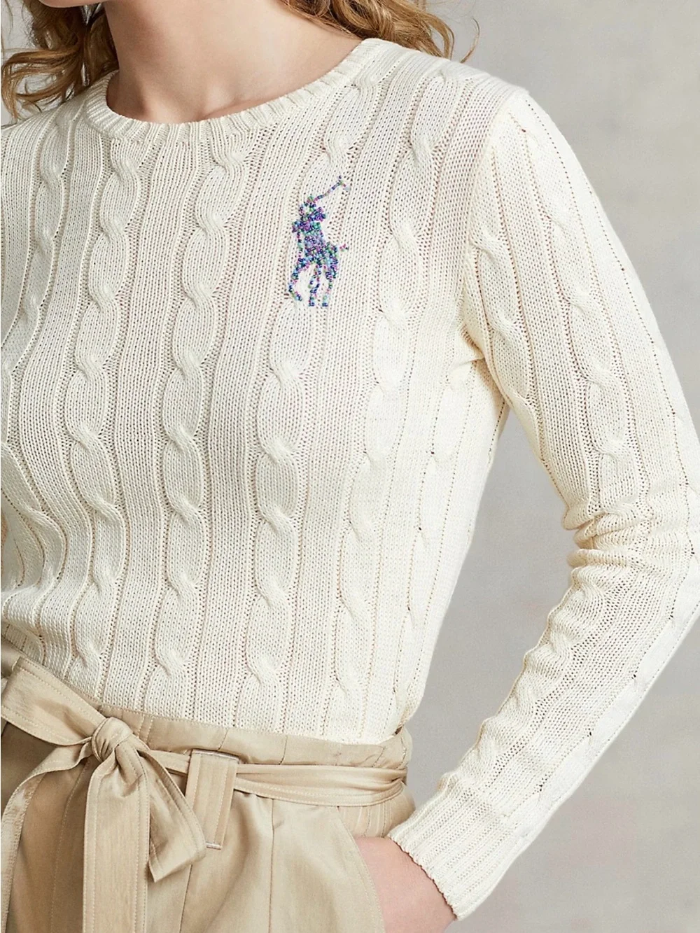 POLO RALPH LAUREN Beaded Big Pony Sweater Women’s S Cream Cable Knit Pima Cotton - Picture 2 of 13